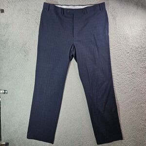 Ralph Lauren Dress Pants Men 36 x 32 Flat Front‎ Poly Blend Navy Plaid